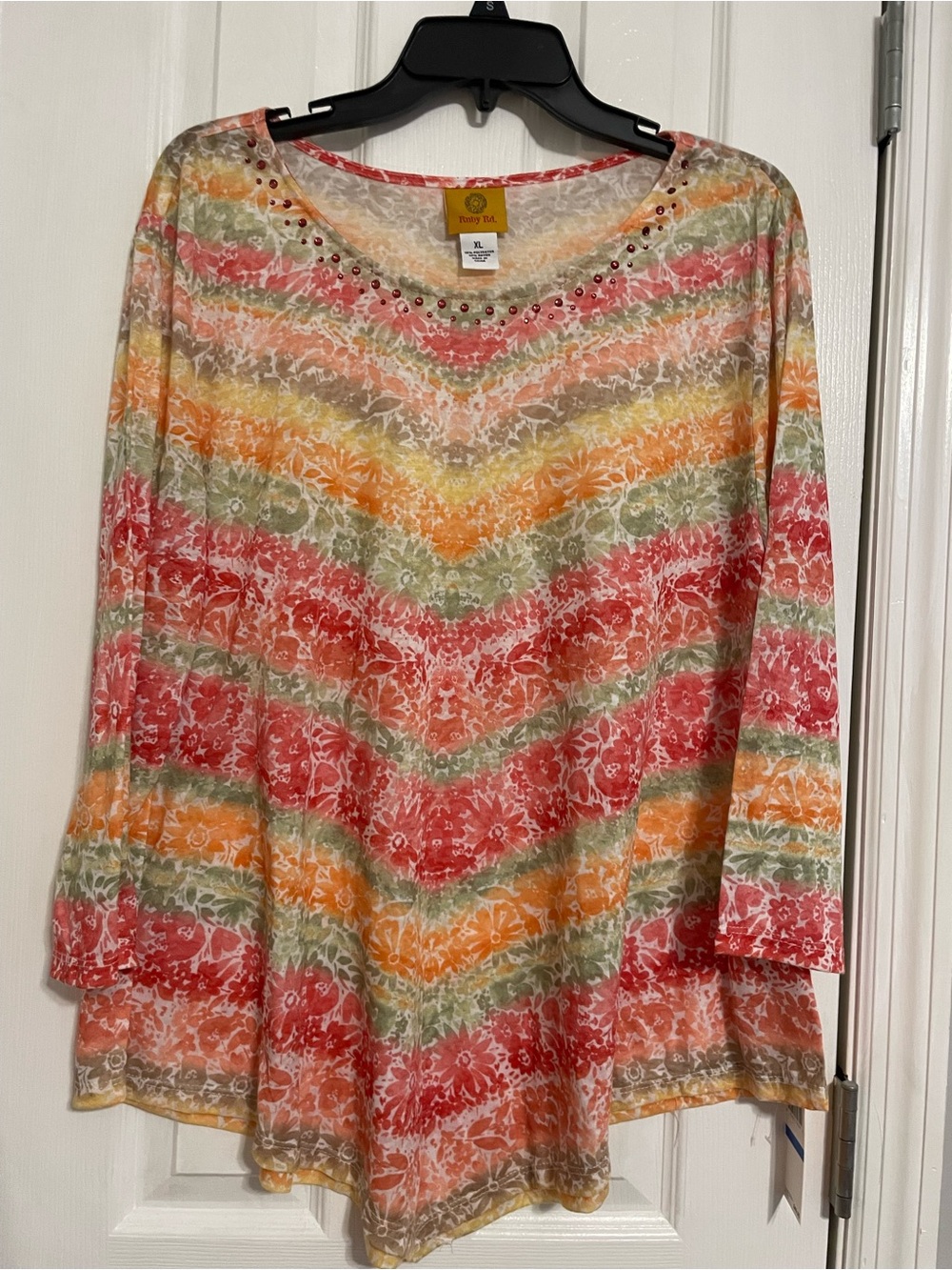Ruby Rd. Multicolor Floral Stripe Long Sleeve Scoop Neck Top